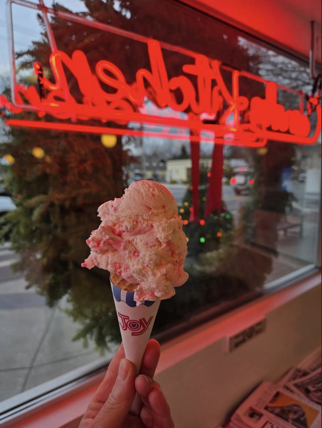 Pistachio & strawberry ice cream cone